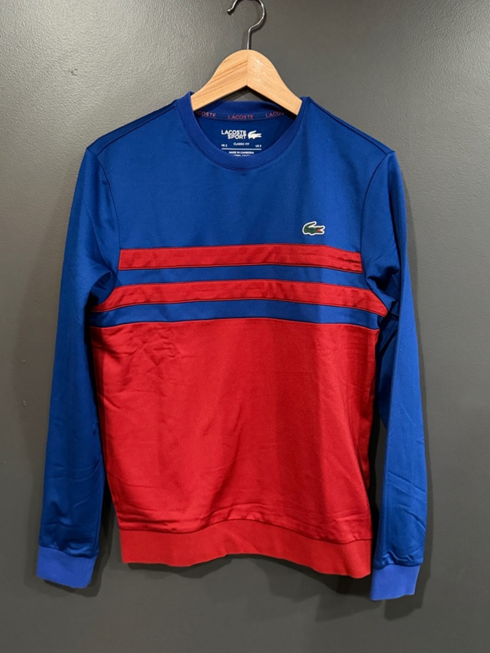 Lacoste Blue and Red Colorblock Striped Crewneck